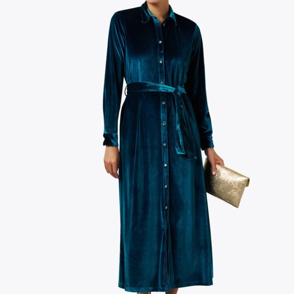 Caliban Teal Blue Velvet Button Down Tie Midi Collared Dress Holiday 42 Us 6